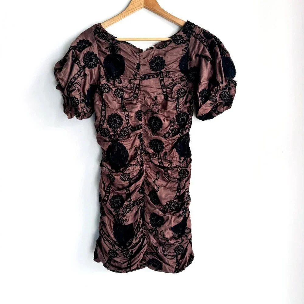 Free People Ruched Embroidered Puff Sleeve Mini Dress XS - Picture 4 of 9